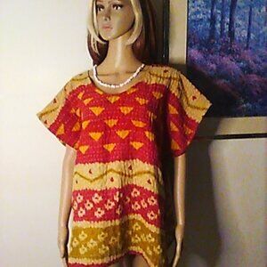 Kantha "Breeze" V Neck Top Red/Marigold Reversible XL & Under Cotton Handmade